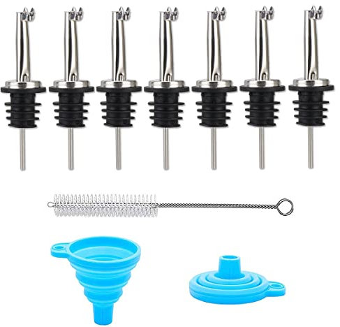 LEGERM Boquillas para verter aceite de oliva, 7 unidades, vertedores de flujo libre, tapones de goma para licores, licores, vino, alcohol, jarabe, botellas, boquilla de goteo, vertedor rápido