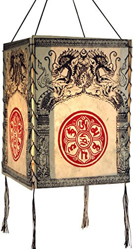 GURU SHOP Lokta Papier Hänge Lampenschirm, Deckenleuchte aus Handgeschöpftem Papier - Drachen Mandala Weiß, Lokta-Papier, 28x18x18 cm, Asiatische Lampenschirme aus Papier & Stoff