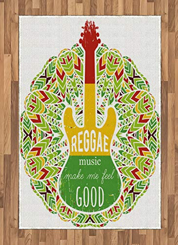 ABAKUHAUS Rasta Teppich, Reggae-Musik-Gitarre, Deko-Teppich Digitaldruck, Färben mit langfristigen Halt, 120 x 180 cm, Grün, Gelb und Rot