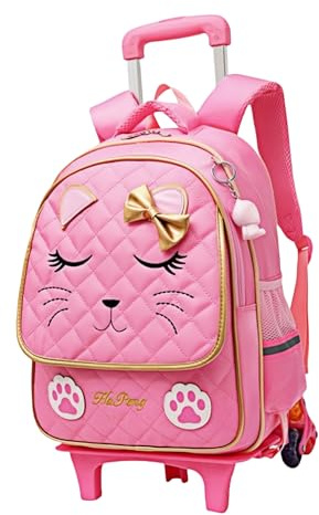 Cute Rolling Backpack for Girls Trolley School Bags Cat-face Bowknot Girls Backpacks with Wheels Kids Carry-on Travel Luggage Pink-6 Wheels