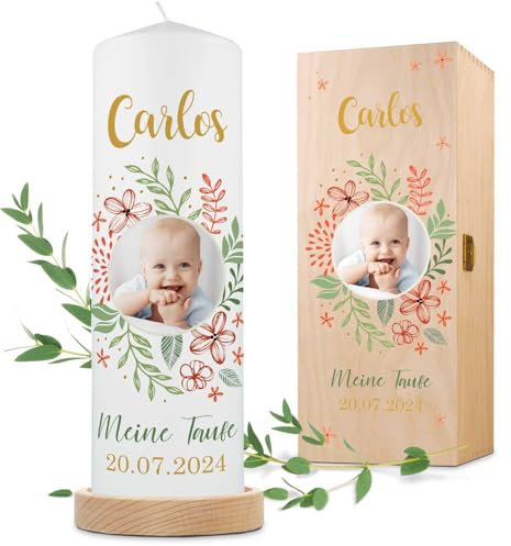 GRAVURZEILE Bedruckte Kerze - Baby Fotokerze zur Taufe - Christliche Taufkerze mit eigenem Foto - Personalisiert mit Namen, Datum & Bild - Hochwertige Stumpenkerze Weiß 250/80 mm