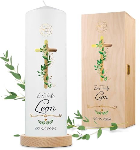 GRAVURZEILE Bedruckte Kerze - Taufkerze Goldenes Kreuz - brilliant bedruckte Kerze zur Taufe - Personalisiertes Taufgeschenk für Mädchen & Jungen - Hochwertige Stumpenkerze 250/80 mm