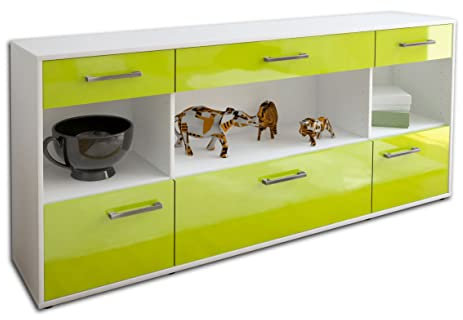 Lqliving Kommode Sideboard Fabiana, Korpus in Weiss matt, Front im Hochglanz-Design Grün (180x79x35cm), inkl. Metall Griffen, Made in Germany