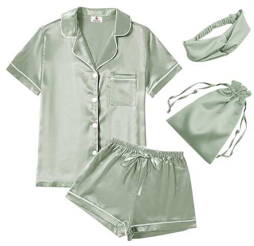 WJing Yi Jia 4Pcs Womens Satin Silky Pajama Sets Short Sleeve Shirt XS-4XL Floral Pajamas Set Soft PJ Loungewear Sleepwear