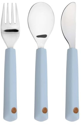 LÄSSIG Set di posate per bambini 3 pezzi forchetta, cucchiaio, coltello in acciaio inox con manico in silicone/Cutlery with Silicone Handle Happy Rascals Smile sky blu