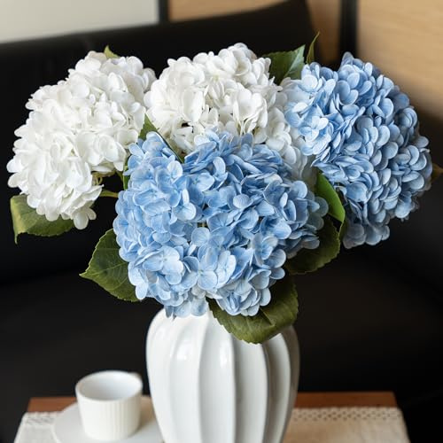 DUYONE 4 st konstgjorda blommor stora hortensior blommor latexbukett för bröllop brud kontor hem fest dekoration (2 st vita + 2 st blå)