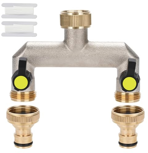 Nutmanel 3/4 Pollice Splitter a Due Vie Ottone Distributore,con Valvola Indipendente,Acqua Rubinetto Splitter,Raccordo per Tubo Flessibile,Tubo Adattatore Acqua per Giardini, Giallo
