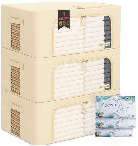 FENIXE_Contenitori Per Armadio Salvaspazio 66L, Beige - Scatole Portaoggetti Confezione da 3 - Organizer Armadio Con Finestre Trasparenti Impilabile, Pieghevole, Resistenti all’Acqua 3x66L Beige