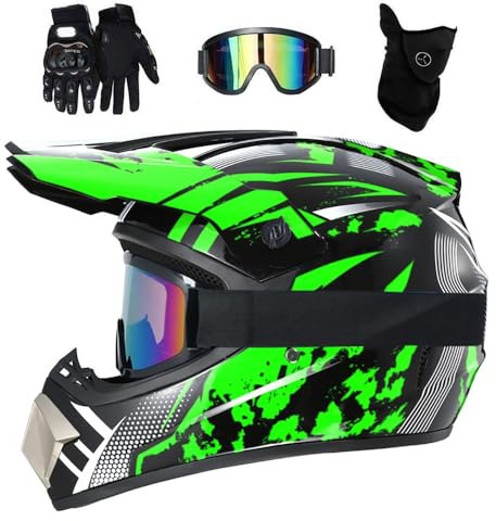 Jugend Kinder Motocross Helm, mit Brille Handschuhe Maske, Unisex Komfortabler Integral Offroad ATV Roller Motorrad Helme, Downhill Enduro BMX MTB Dirtbike Crash Helm(Green,S/52-53CM)