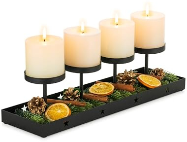 Sziqiqi Corona d'Avvento Allungata Metallo Nero: Supporto Moderno per Corona d'Avvento con Portacandele per 4 Candele Cilindriche - Vassoio Decorativo Natalizio per Tavola