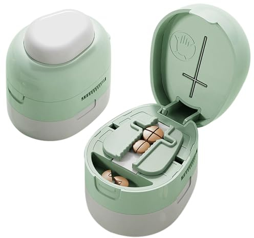 Dzmuero Taglia Pastiglie, Taglia Pillole di Precisione, Regolabile, Portatile, 1 diviso in 2, 1 diviso in 4, Taglierino per Medicinali Multifunzionale, Scatola (BiancoVerde)