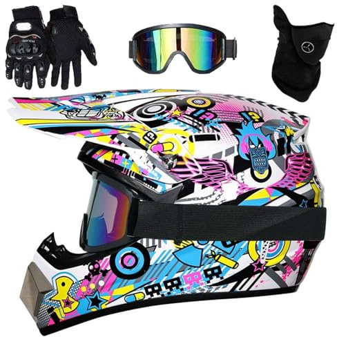 Casco de Motocross Todoterreno para NiñOs, con Gafas, Guantes Y MáScara, Aprobado por El Dot(XL (58-59cm))