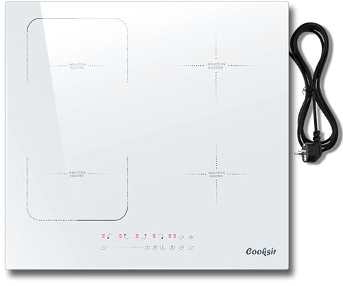 Cooksir Piano Cottura Induzione Bianco 4 Fuochi, 3500W Piastra a Induzione con Spina, Piano Induzione Incasso da 60CM, Zona Flessibile, Funzione Boost, Cursore Tattile, Blocco di Sicurezza, Timer