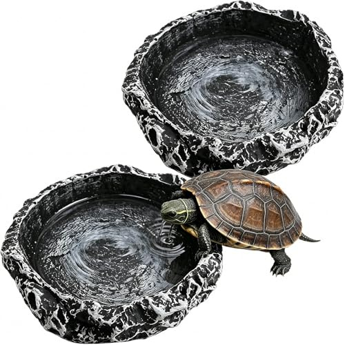 Tortoise Water Bowl, Reptile Water Dish Set of Two, Secure Feeding Solution for Lizards and Snakes, Natural Habitat Decoration with Easy Maintenance