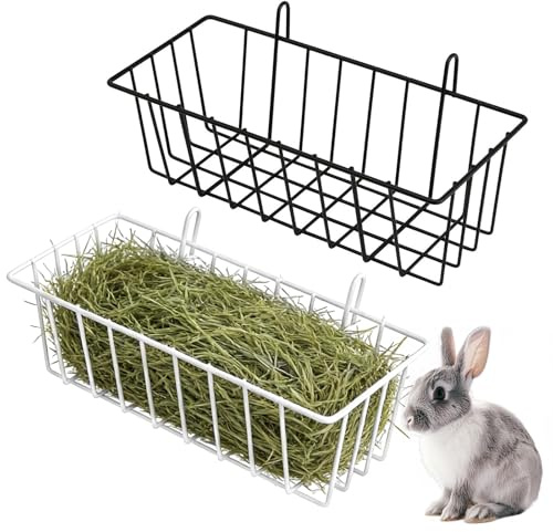 Rabbit Hay Feeder, 2 PCS Metal Hanging Hay Rack Guinea Pig Cage Accessories Less Wasted and Keeps Cage Clean for Chinchilla Bunny Hamster & Small Animal (Black & White, 23x10x7.5CM)