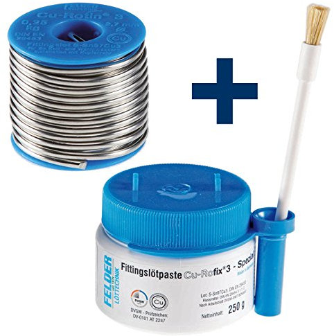 FELDER Fittingslot Cu-Rotin 3 + Fittingslötpaste Cu-Rofix 3-Spezial SET Weichlot und Flussmittel zum Weichlöten von Kupferrohren, Größe:2.7 mm