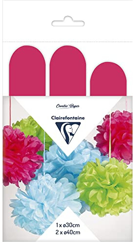Clairefontaine 395403C Set mit 3 Pompons Seidenpapier, Ø 30cm x1 + Ø 40cm x2, ideal für Deko und Bastelprojekte, 1 Set, Fuchsia