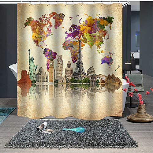 Chickwin Chickw1 Badezimmer Anti-Schimmel Wasserdicht Duschvorhang, Creative Retro Weltkarte 3D Drucken Duschvorhang Dekoration mit 12 Duschvorhangringe für Badezimmer (180x200cm,Gebäude - Karte)