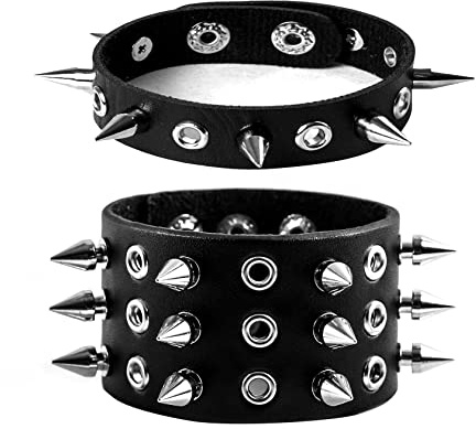 Manfnee 2Pcs Bracelet à clous Punk Gothique Rock Manchette Cuir PU Noir Biker Homme Femme Réglable