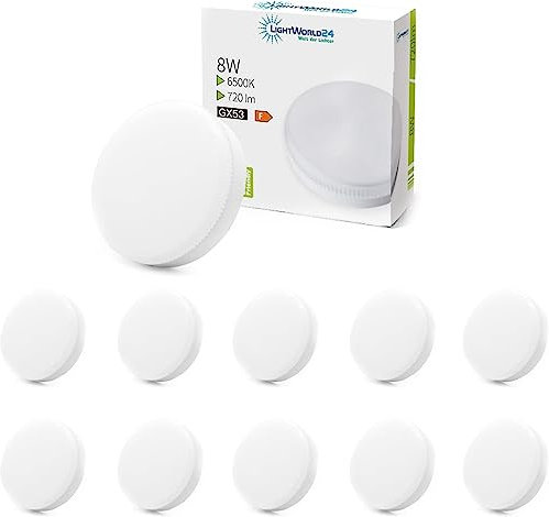LIGHTWORLD24 10er PACK - LED GX53 Leuchtmittel - 8 Watt - 720 Lumen - CRI 80Ra - blendfrei - Abstrahlwinkel 120° - kaltweiß 6500 Kelvin