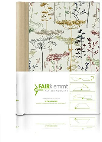 FAIRklemmt Klemmbinder Fiori al sole Naturleinen, A4, Pastellfarben, 22,5 x 30,8 cm, 3mm starke Buchbinderpappe, italienisches Dekorpapier, 150 Seiten, 0 Löcher