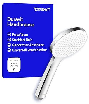 Duravit Universal ducha de mano, cabezal de ducha con chorro tipo Rain, ducha manual redondo (Ø 110 mm), alcachofa de la ducha con toberas de silicona fáciles de limpiar, rociador, cromo/blanco