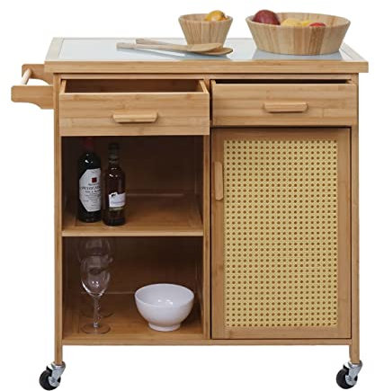 Mendler Servierwagen HWC-K11, Küchenwagen Barwagen Rollwagen, Griff Schublade Arbeitsplatte 85x84x36cm Bambus, braun