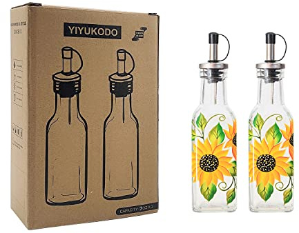 YIYUKODO 7oz Hand Painted Glass Olive Oil Bottle Dispenser - 200ml Green Oil & Vinegar Cruet with Pourers - Olive Oil Carafe Decanter for Kitchen (Sunflower)