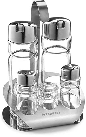 Forgast Menage Set | 5-teilig für Pfeffer, Salz, Öl,Essig | aus Edelstahl und transparentem Glas | spülmaschinengeeignet | Drehverschluss | Gewürzgläserset | Salzstreuer, Pfefferstreuer, Ölspender