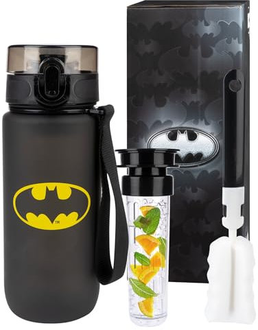 MOMO WAY DC Comics Trinkflasche Tritan Wasserflasche Mit Früchtebehälter Wiederverwendbare Sportflasche Für Schule Gym Geschenk BPA-Frei 1-Klick Verschluss Batman 600ml