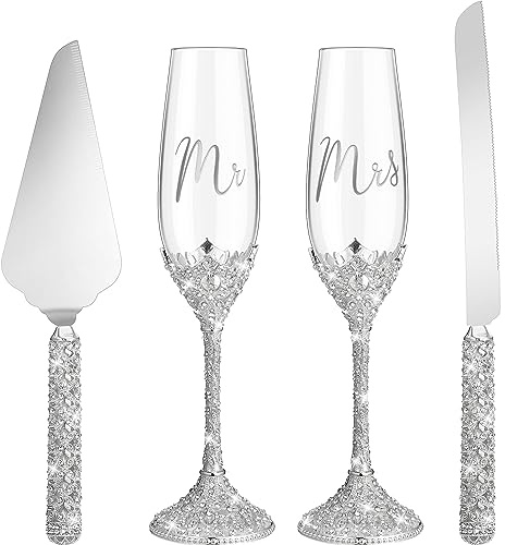 Sratte 4 st set för bröllopstårta och champagneflöjtar, rostning, kristall, strass, champagneglas, tårtkniv, paj, servis, bröllopsgåvor för par, brudgum (silver)