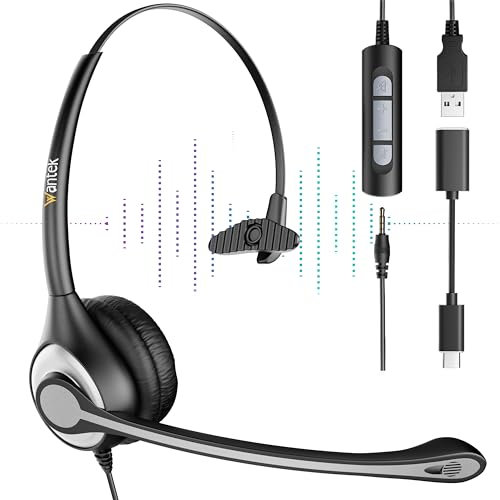 Wantek Cuffie con Microfono 601F, 3.5mm/USB/Type-C Cuffie mono con microfono di cancellazione del rumore per Computer Portatili Tablet Smartphone Conferenze Online