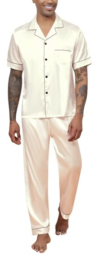 Reliwel Pyjama Homme Ete Satin Pyjama Short Homme en Soie Boutonné Chemise Manches Courtes et Pantalon Long Deux Pièces vêtements de Nuit Confortable Doux