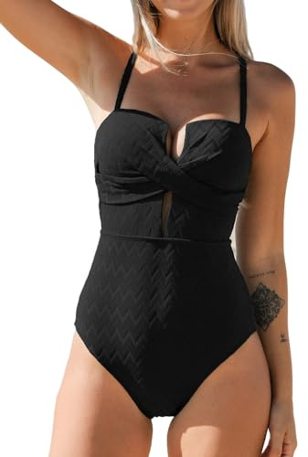CUPSHE Costume da Nuoto da Donna, intero, con Schiena Avvolgente e Laccetto, Taglio Profondo, con Coppe Preformate, Nero , XS