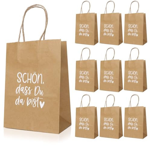 10 Stück Papiertüten mit Henkel Kraftpapier 21*15*8cm Papiertragetaschen Geschenkverpackung Mitgebsel Tüten Mitgebseltüten Geschenktüten für Party Geschenk Hochzeit Geburtstag (Schön, dass Du da bist)