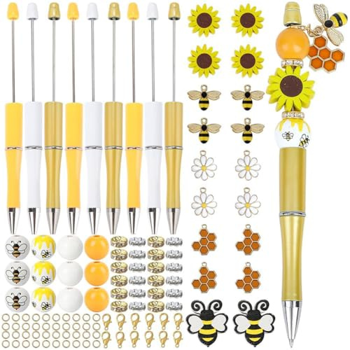 SUNNYCLUE Fai Da Te 12 Set di Penne Perline Sfuse Set di Penne Perline A Tema Ape Penna A Sfera con Perline A Nido d'Ape Ciondoli Perline di Legno Perline Strass Distanziatori per Insegnanti Studenti