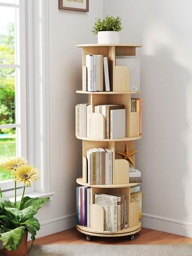 yeshine Estantería giratoria extraíble de 360° de 4 niveles, estantería giratoria con ruedas, almacenamiento de libros, estante de exhibición de libros, estante de pie para sala de estar, dormitorio