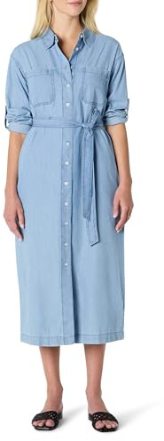 Amazon Essentials Vestido de Manga Larga de Cambray Vaquero de Corte Recto Mujer, Lavado Claro Azul Helado, XL