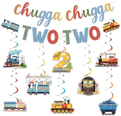 kreat4joy Train 2nd Birthday Decoration Boy, Chugga Chugga Two Two Banner Choo Choo Hanging Swirl Ceiling Streamer for Retro Train 2nd Birthday Party Supplies