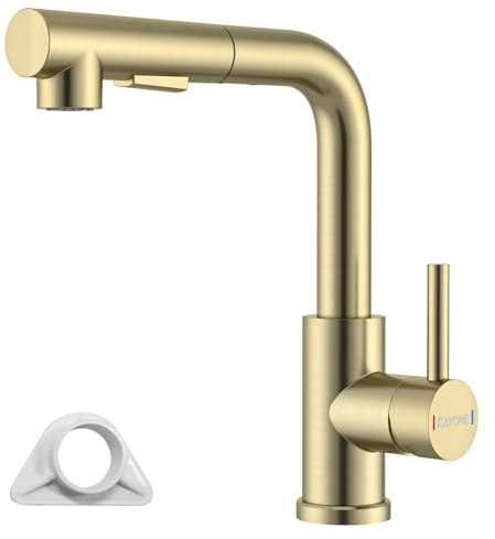 DAYONE Robinet de cuisine doré brossé avec douchette extractible, en acier inoxydable SUS304, robinet de cuisine haute pression avec deux fonctions de pulvérisation, mitigeur pivotant à 360°