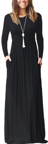 Gkaopi Vestito Lungo da Donna a Maniche Lunghe Maxi Abito Scollo Rotondo Casual Tinta Unita Tunica Lungo Abito Curvy Eleganti Vestito con Tasche Autunnale Invernale Maxi Vestiti