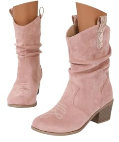 Cowgirl Boots for Women Knee High Cowboy Boots Wide Calf Cowboy Boot Mid Calf Wide Fit Suede Ankle Boot Women Pull on Slouch Chunky Heel Pointed Toe Western Booties Slip on Western Low Heel Shoes