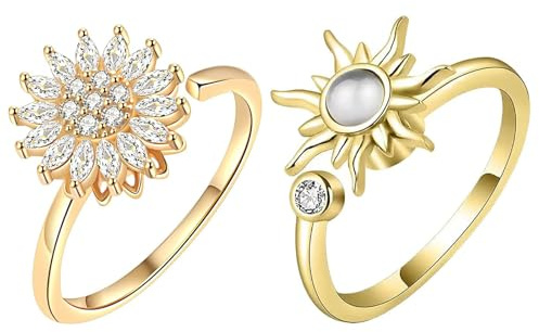 Aribliseza Anxiety Ring, 2 Pieces of Anti-Stress Rings & Fidget Spinner Ring, Gold Stress Rings with CZ Diamonds, Sunflower & Heart Bead Rings for Women for Anxiety Relief