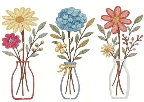 Nivofu Decoración Pared Metal Flores 3 Piezas, Arte de Pared Floral 3D con Jarrón, Decoración Hogar Moderna para Salón, Dormitorio y Baño, 35x15 cm (Incluye Accesorios de Montaje)
