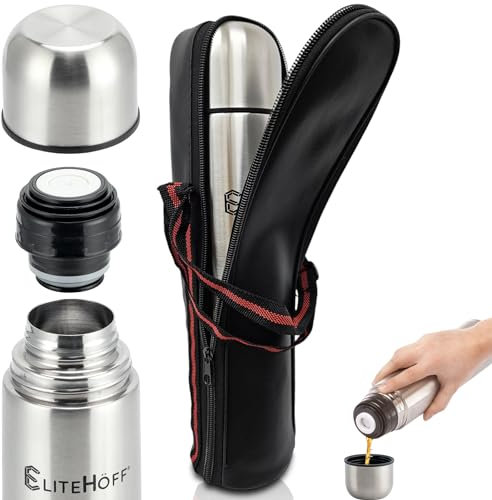 EliteHoff Thermosflasche mit Becher, Isolierkanne Edelstahl Doppelwandig (350ml, 500ml, 750ml oder 1L)+ Tragetasche für Thermoskanne (Silber, 1 L)