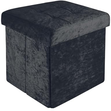 Intirilife Hopfällbar sittpuff 30x30x30 cm i sammet svart - Sittkub med lock och förvaringsutrymme i tyg med håligheter - Sittkub fotstöd hopfällbar förvaringslåda bröstpuff