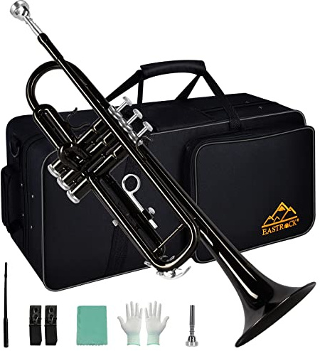 EASTROCK Bb Trumpet Standard, Brass Trumpet Instrument with Hard Case, Gloves 7C, Mouthpiece, Cleaning Kit for Student (Black)