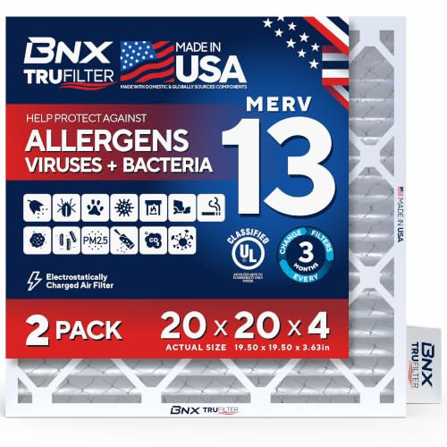 BNX TruFilter 20x20x4 (19.5’’ x 19.5’’ x 3.63‘’ Slim Fit) MERV 13 Air Filter (2-Pack) - MADE IN USA - Air Conditioner HVAC AC Furnace Filters Health, Allergies, Mold, Bacteria, Smoke, MPR 1900 FPR 10