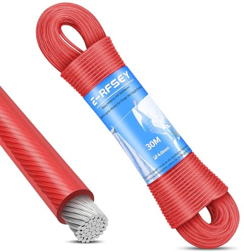 30 m Stahlkern-Wäscheleine für den Außenbereich, robuste Super-Wäscheleine, Tragfähigkeit 220 kg, rostfrei, wasserdicht, für den Garten (Durchmesser 4 mm, rot)…