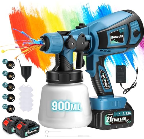 Bonoutil Cordless Paint Sprayer with 2 Batteries 21V 4.0Ah 900ml Cordless Spray Paint Gun 3 Spray Modes 5 Nozzles Adjustable Flow Length for Home Interior Furniture Wall Door Latex (Style B-Blue)